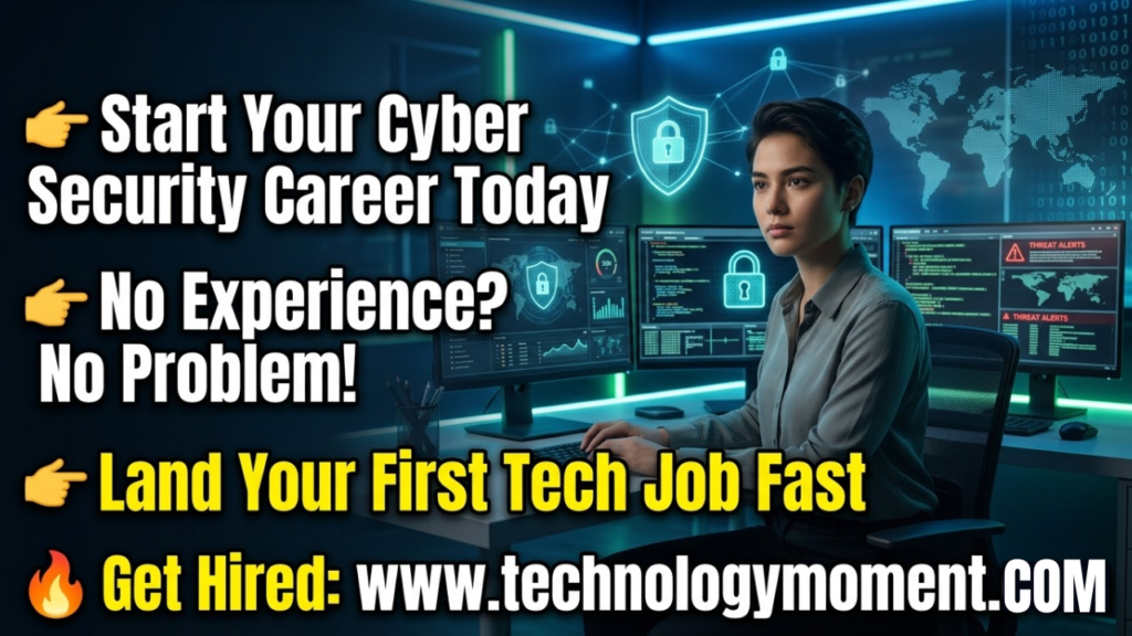 A beginner working on a laptop analyzing cybersecurity threats with digital lock icons and network protection visuals, representing entry level cyber security jobs and fast-track career growth.