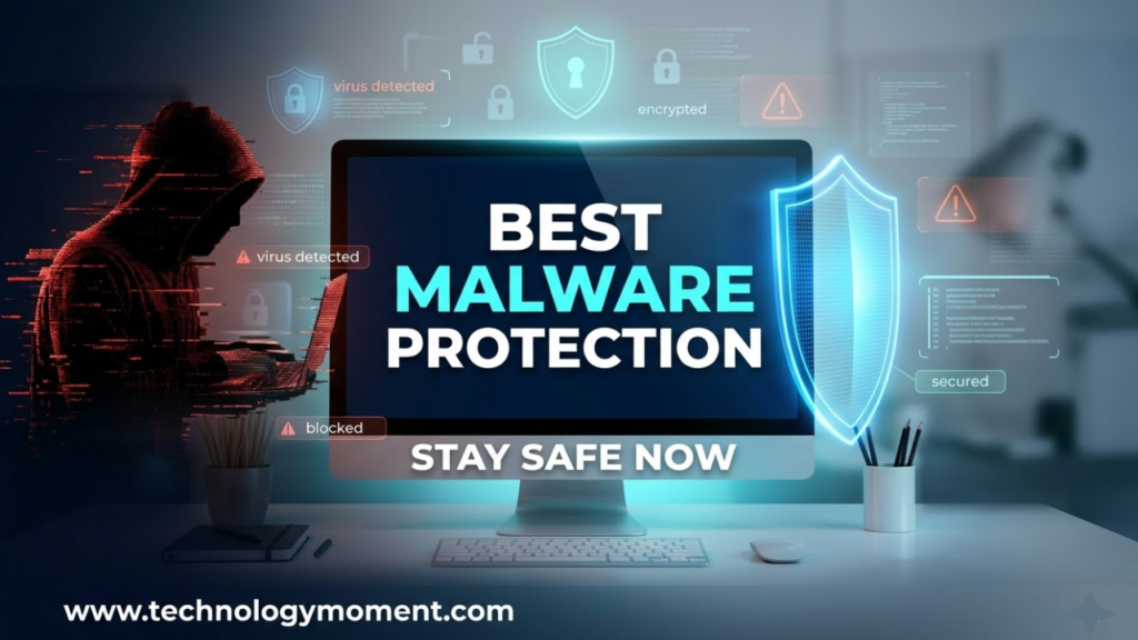 A cybersecurity shield protecting a laptop and smartphone from malware threats, viruses, and hackers, representing the best malware protection tools to stay 100% safe online.