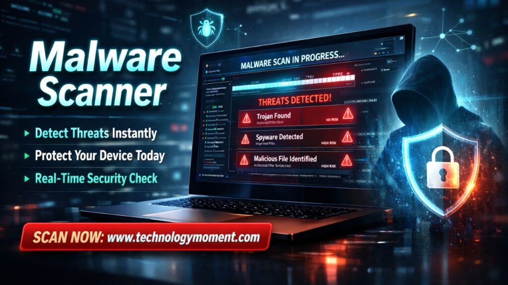 A modern cybersecurity workspace showing a laptop displaying malware scanning software with threat detection alerts, progress bars, and security shield icons representing the best malware scanner tools for safe devices.