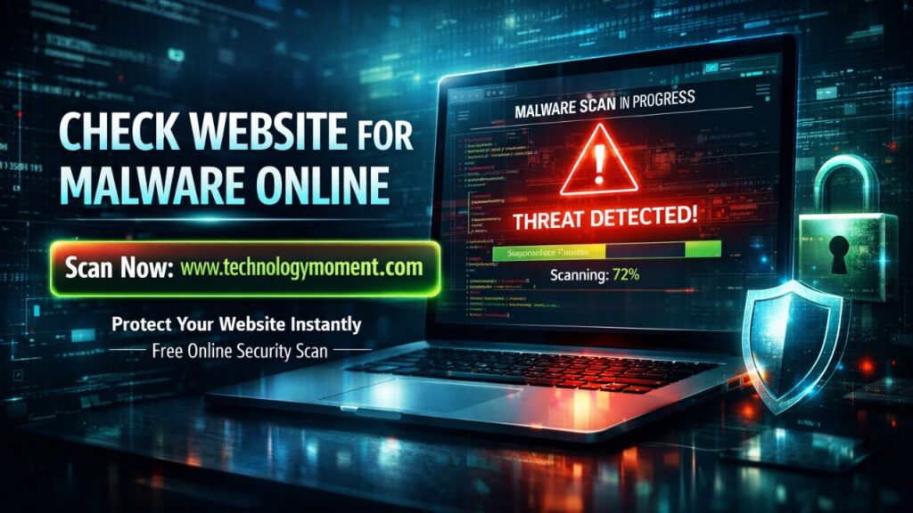 A website security dashboard displaying a malware scan in progress, showing virus detection alerts, a secure shield icon, and a clean website status, illustrating how to check a website for malware online safely.