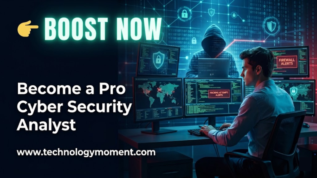 A focused cyber security analyst working on multiple monitors displaying threat detection dashboards, code scripts, and network security alerts, representing career growth and advanced cyber security skills.