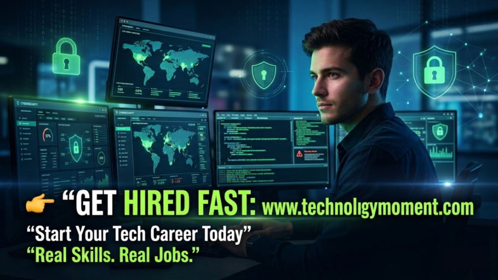 A focused young professional working on a laptop with Cyber Security Internships code and digital security icons on screen, representing cyber security internships and fast career growth opportunities.