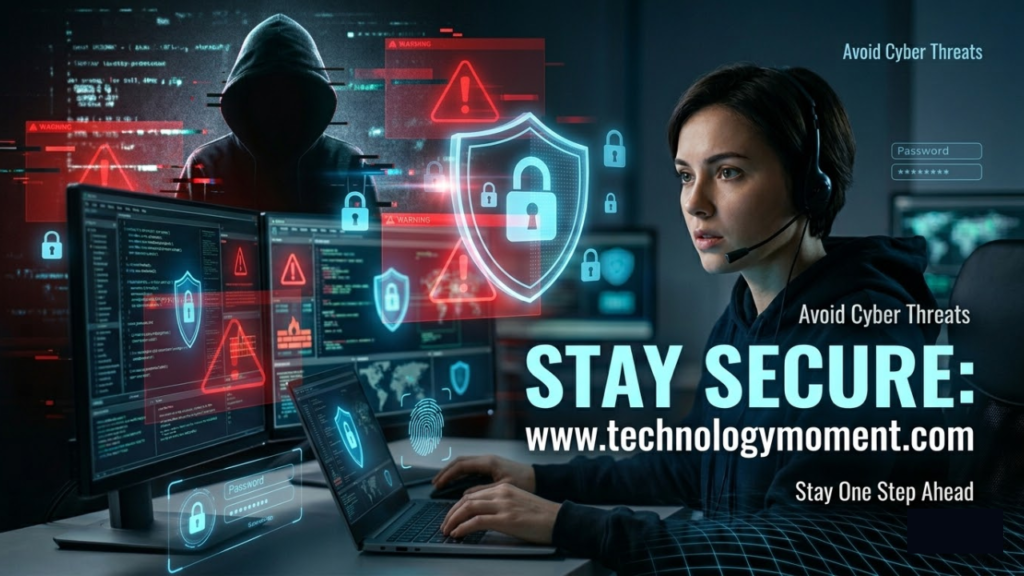 A person using a laptop with glowing security icons, shield symbols, and warning alerts, representing cyber security tips to stay safe online and protect personal data from hackers and cyber threats.