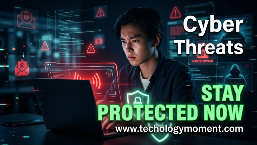 A dramatic illustration showing a hacker in a dark environment accessing multiple digital devices, symbolizing hidden cyber threats like phishing, ransomware, and data breaches affecting online security.