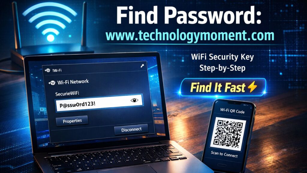 A clear visual of a laptop and smartphone displaying WiFi settings with the network security key highlighted, alongside a router showing the default password label, illustrating how to find a WiFi network security key quickly.