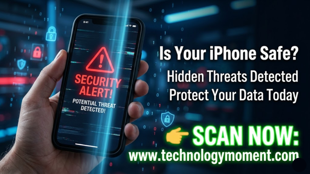 A close-up of an iPhone displaying warning alerts, unusual pop-ups, and security icons, illustrating how to check for malware on iPhone and identify suspicious activity.