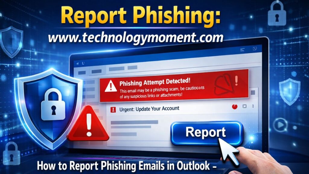 A step-by-step visual guide showing how to report phishing emails in Outlook, including options to mark suspicious messages, protect accounts, and improve email security.