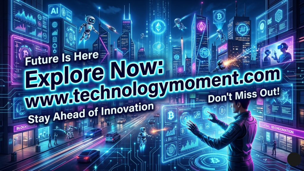 A futuristic digital scene showing artificial intelligence, robotics, blockchain, and virtual reality technologies shaping the future, representing the latest Technology Moment trends and shocking innovations ahead.
