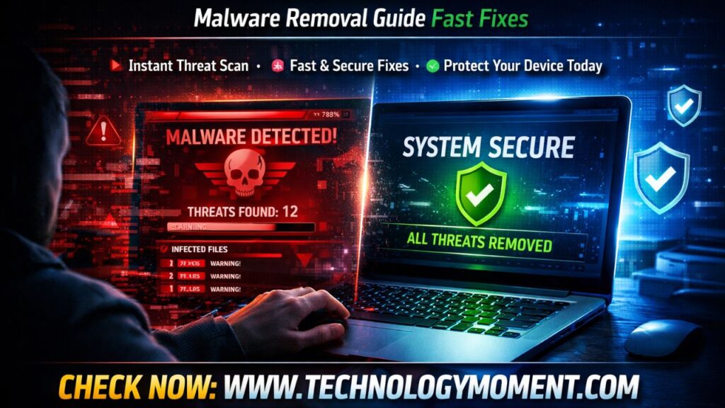 Laptop screen showing antivirus scan detecting malware threats with warning icons and cleanup progress, illustrating fast malware removal and system protection