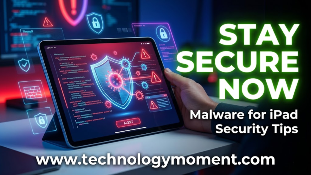 A person holding an iPad showing a malware warning alert while security icons and digital threats appear in the background, illustrating iPad malware risks and protection tips