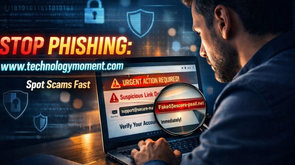 A realistic cybersecurity-themed image showing a suspicious phishing email on a laptop screen with warning signs, highlighting how to identify phishing attempts and stay safe online.