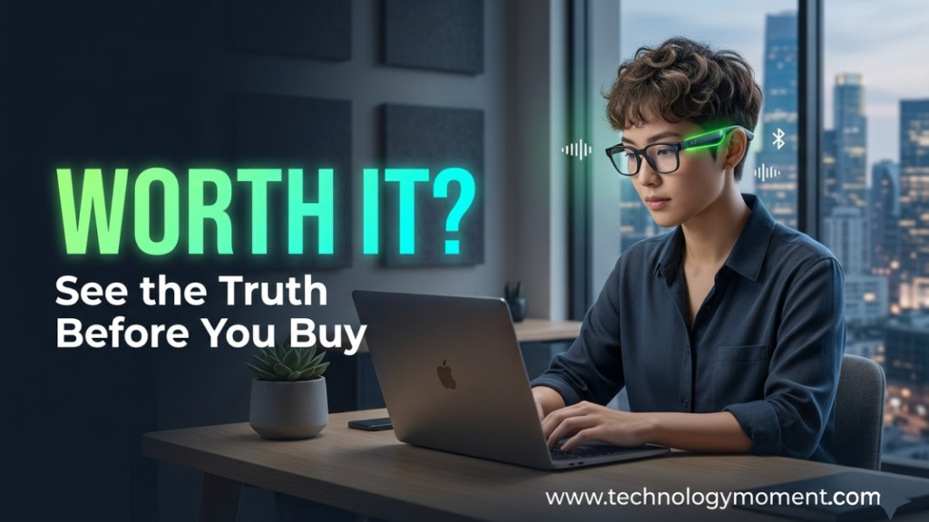 A person wearing Razer Anzu smart glasses while using a smartphone, highlighting open-ear audio, blue light filtering lenses, and modern smart eyewear design for daily use