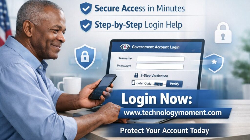 A user securely logging into their Social Security account on the official website using a laptop, showing login fields, two-factor authentication, and a safe online access process.
