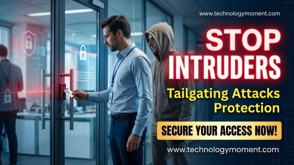 A cybersecurity awareness illustration showing an unauthorized person following an employee through a secure office door, representing a tailgating attack and the importance of access control and security vigilance.
