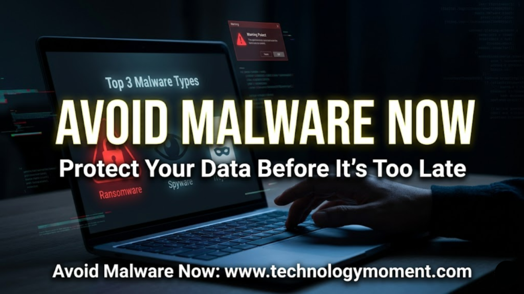 Top 3 Malware Types illustrated with ransomware lock screen, spyware tracking icons, and trojan alert warning on a dark digital interface