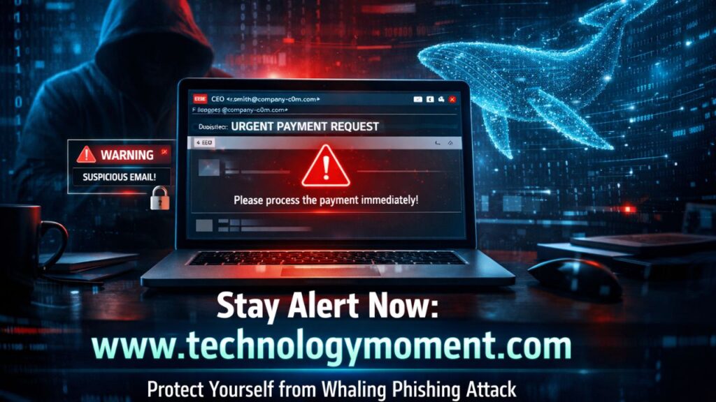 A realistic illustration of a cybersecurity whaling phishing attack showing a hacker sending a fake CEO email to trick an employee into transferring money, highlighting email fraud and online security risks.