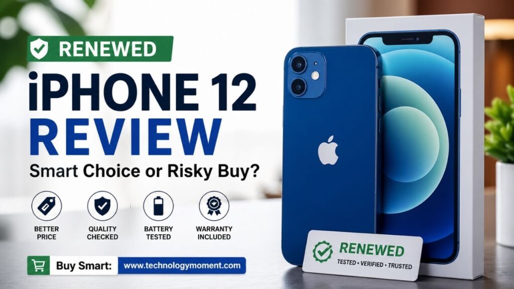 A renewed Apple iPhone 12 placed on a clean background with price tags and comparison icons, highlighting refurbished iPhone value, risks, and buying decision factors.