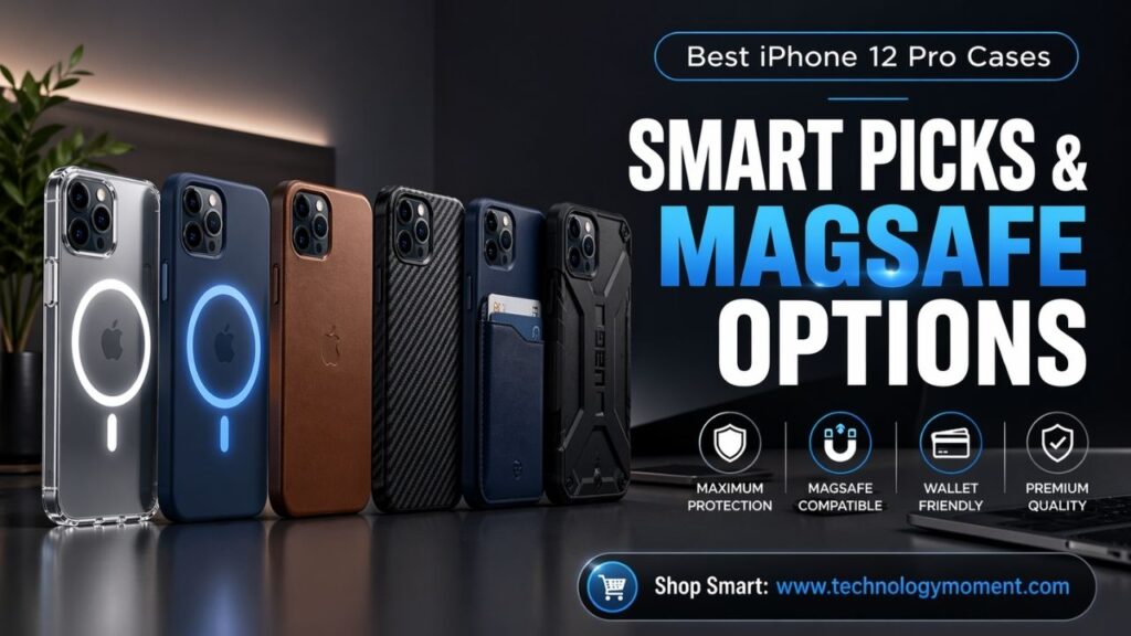 A modern collection of iPhone 12 Pro and iPhone 12 Pro Max cases including clear, leather, MagSafe, wallet, and designer styles arranged on a clean background showcasing protection and style options.