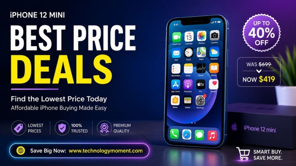 Affordable iPhone 12 Mini showing price comparison, discount tags, and online shopping deals highlighting the best ways to buy a cheap iPhone 12 Mini