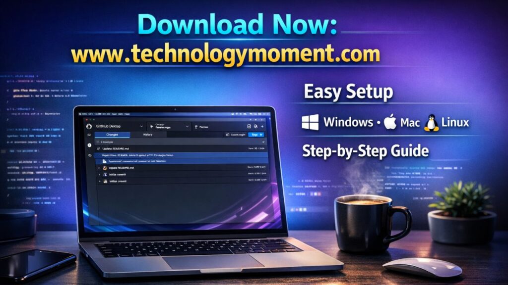 Illustration of GitHub Desktop download and setup process on Windows, macOS, and Linux, showing a clean user interface with repository cloning, commit actions, and installation steps for beginners