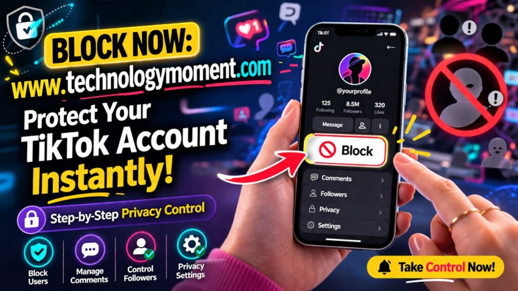 Step-by-step illustration showing how to block someone on TikTok using profile options, including privacy settings and user blocking interface on mobile screen.