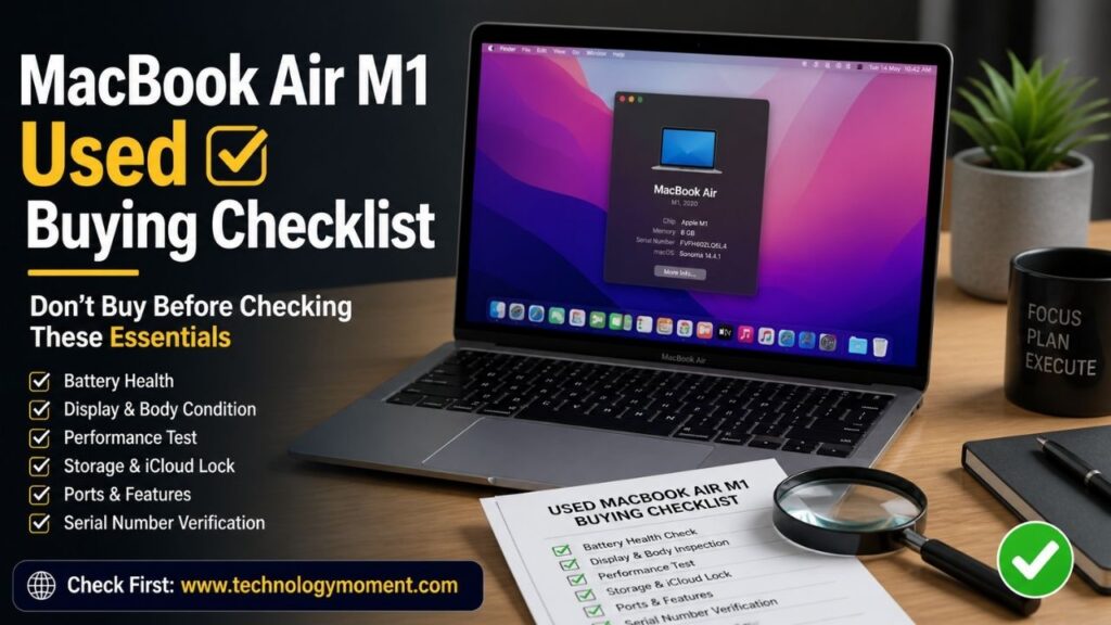 Person inspecting a used MacBook Air M1 laptop, checking screen condition, keyboard, ports, and battery health before buying a refurbished MacBook Air M1