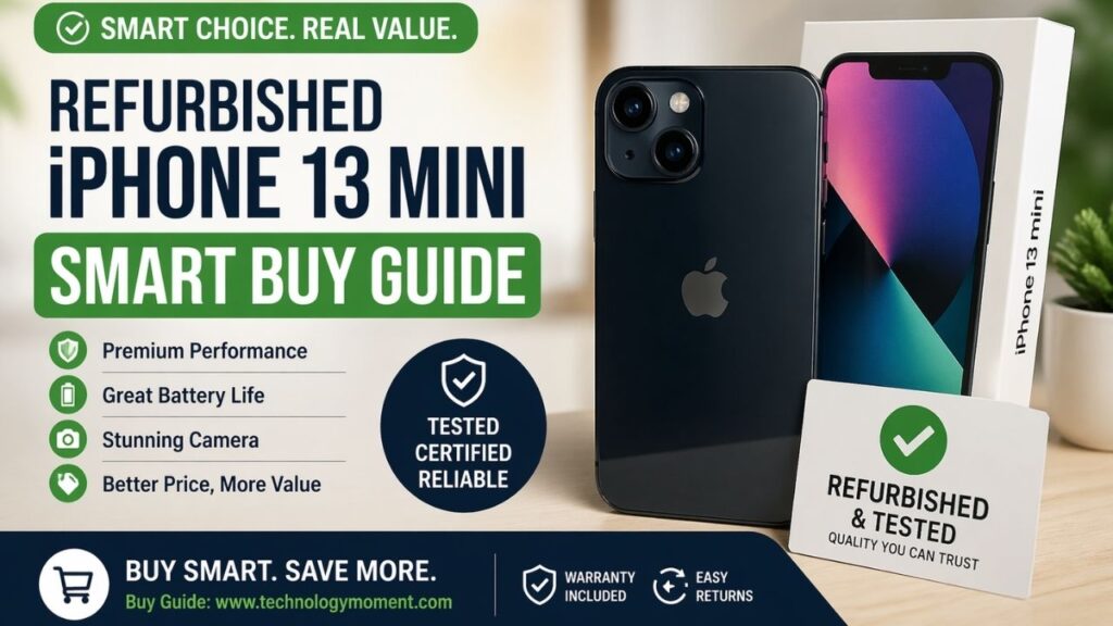 Refurbished iPhone 13 Mini in hand showing compact design and display, highlighting smart buying guide, pricing, and value for money.