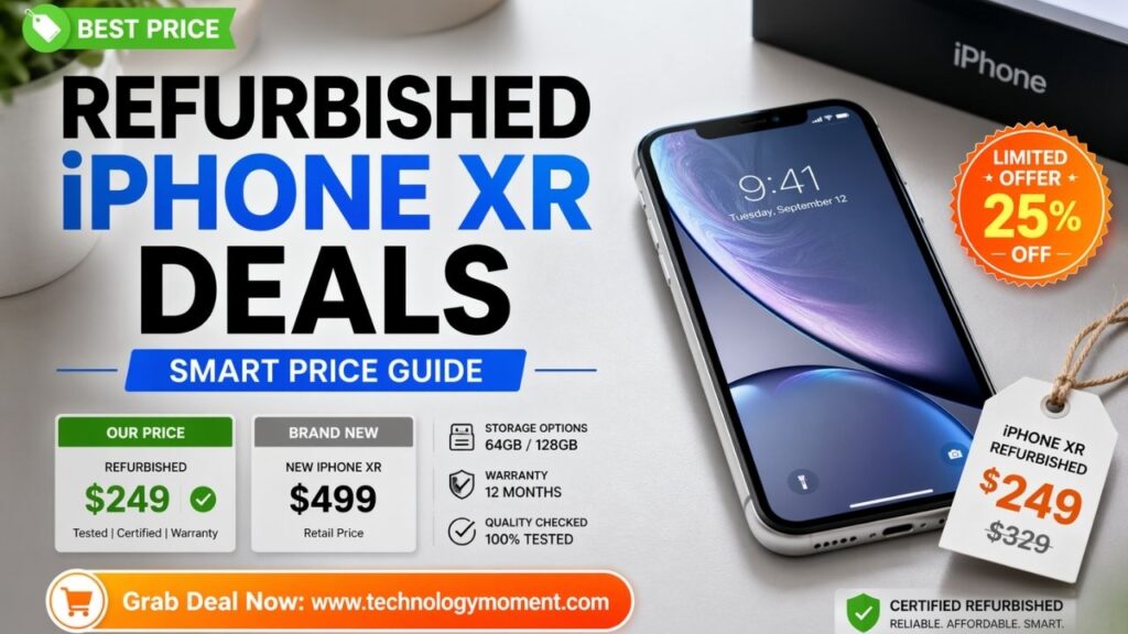 Refurbished iPhone XR showing price tags and discount offers with 64GB and 128GB variants, highlighting best deals and lowest price options for budget buyers.