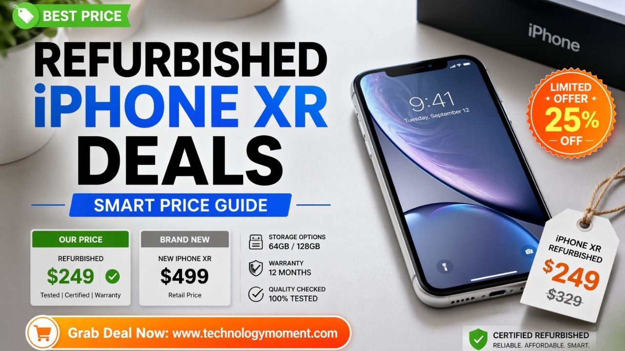 Refurbished iPhone XR showing price tags and discount offers with 64GB and 128GB variants, highlighting best deals and lowest price options for budget buyers.