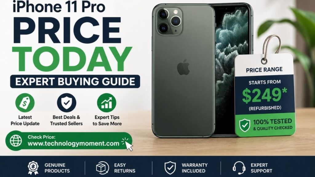 Close-up of iPhone 11 Pro and iPhone 11 Pro Max displaying price tags and deal highlights, illustrating current iPhone 11 Pro price today, refurbished options, and expert buying recommendations.