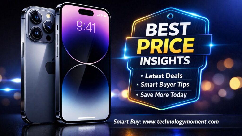 A realistic smartphone showcase displaying the iPhone 12 Pro Max with price tags, highlighting current cost, deals, and refurbished options for smart buyers.
