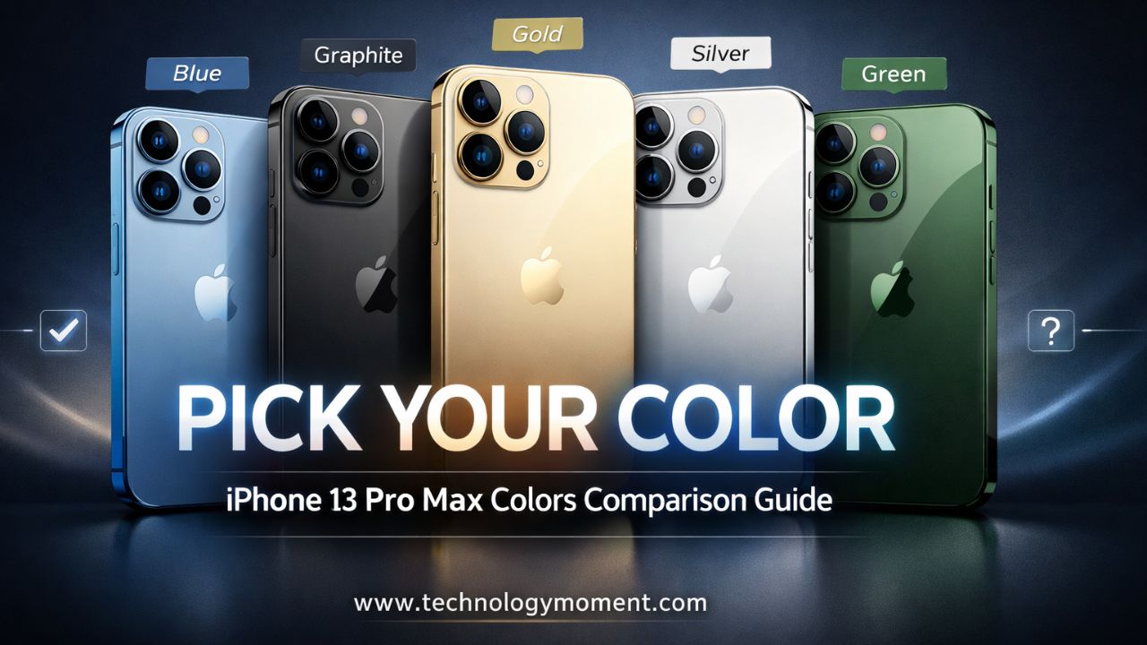 A detailed comparison of iPhone 13 Pro Max colors including Sierra Blue, Graphite, Gold, Silver, and Alpine Green shown side by side to help users choose the best color.