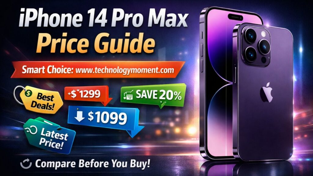 iPhone 14 Pro Max showing front display and premium design with pricing highlights, comparing 128GB and 256GB variants, illustrating best deals and buying guide.