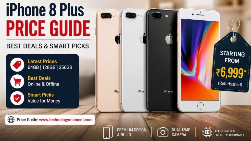 A realistic image of iPhone 8 Plus in multiple colors showcasing price tags and discount offers, highlighting latest deals and best budget options for iPhone 8 Plus.