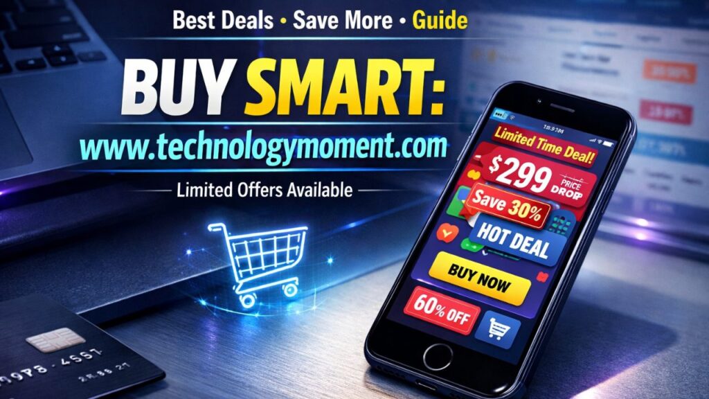 A modern workspace featuring an Apple iPhone SE 3rd Generation displaying discount offers on screen, highlighting best deals, refurbished options, and price comparisons for budget buyers.