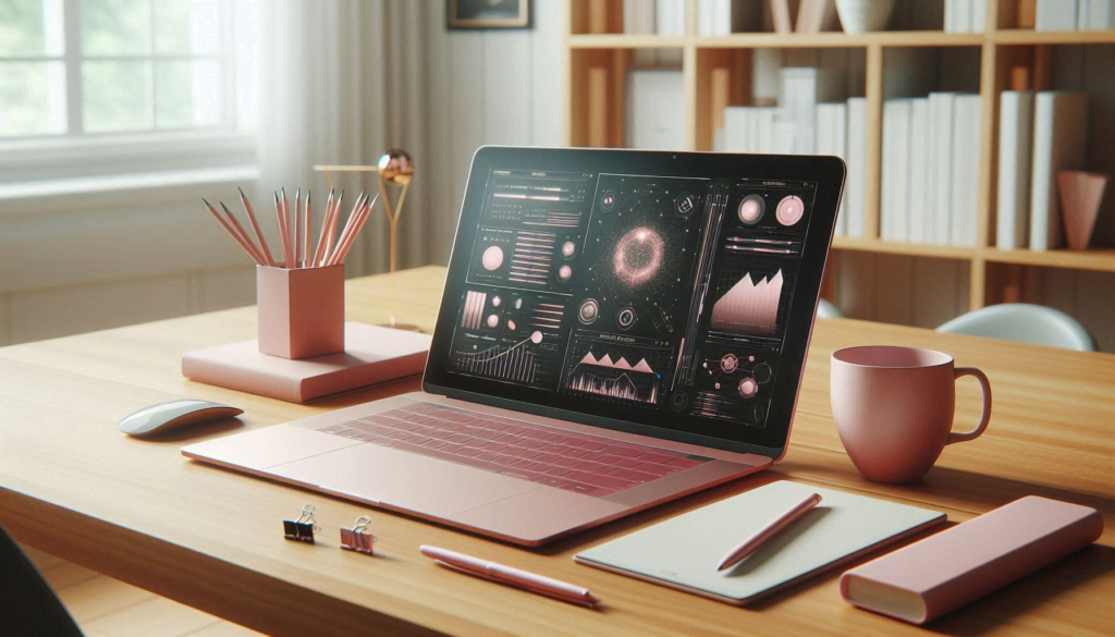 Close-up of a stylish pink laptop on a wooden desk
