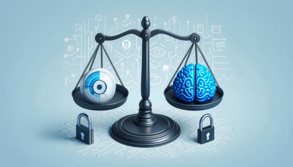 Illustration showing AI Ethics and Responsible AI concepts, including a balance scale, lock symbol, and brain.
