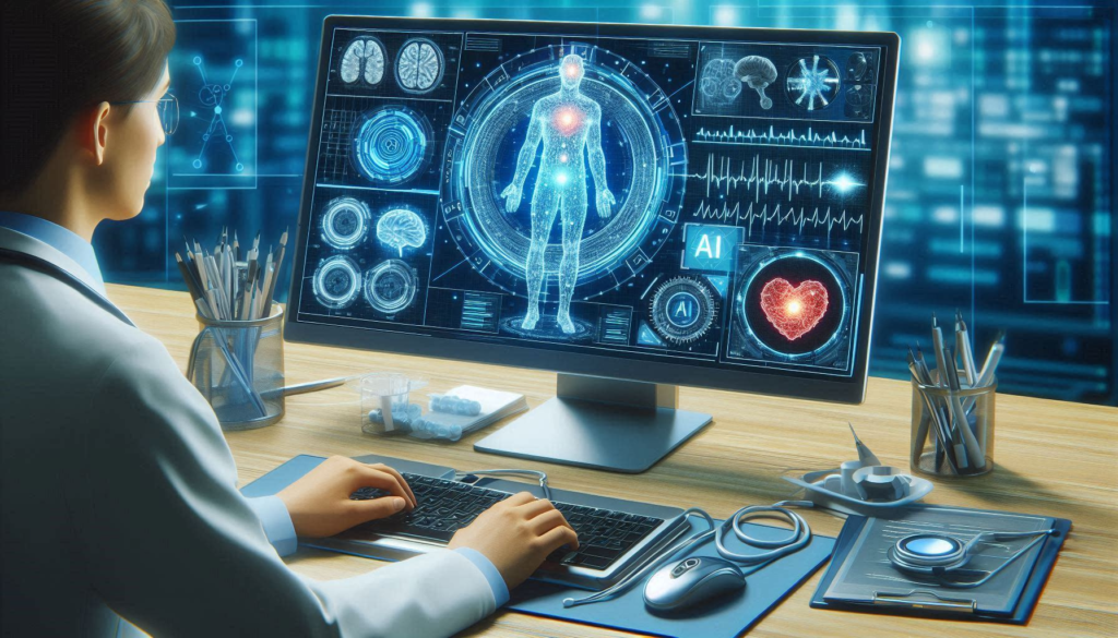 AI in Healthcare powered diagnostic tool analyzing medical data on a computer screen.
