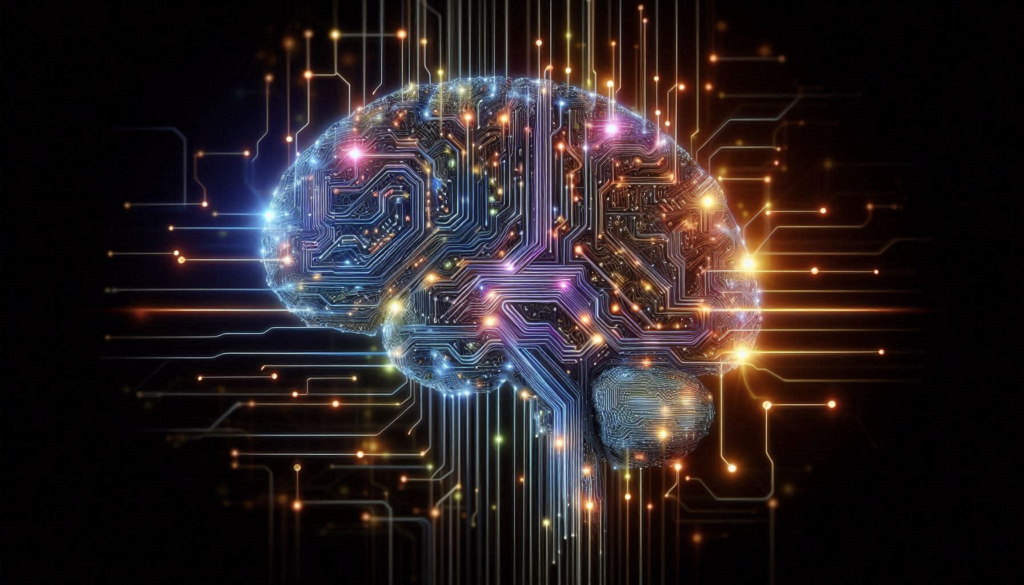 Abstract representation of Future of Artificial Intelligence with a neural network brain.