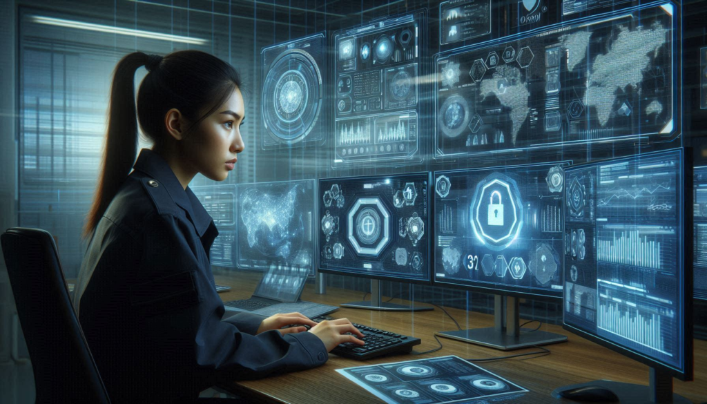 Cyber Security Engineer analyzing data on multiple screens