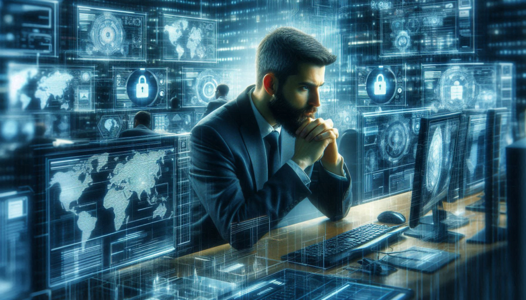 Cyber security specialist analyzing data on multiple monitors in a modern office setting.