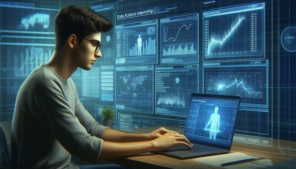 A Data Science Internships working on a laptop, analyzing data with graphs and charts displayed on the screen.
