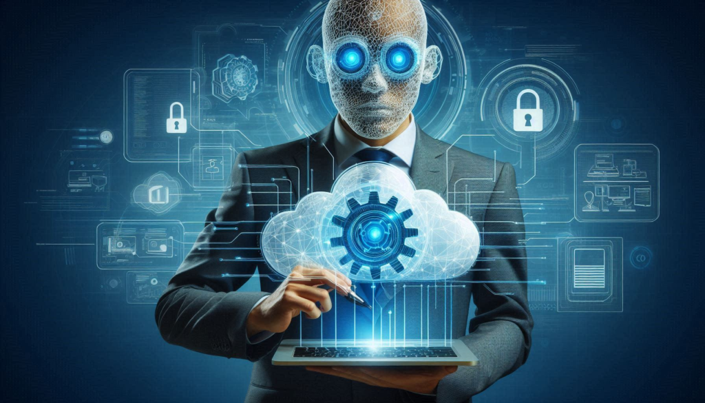 Cloud Security Engineer working on a computer screen with cloud infrastructure graphics.