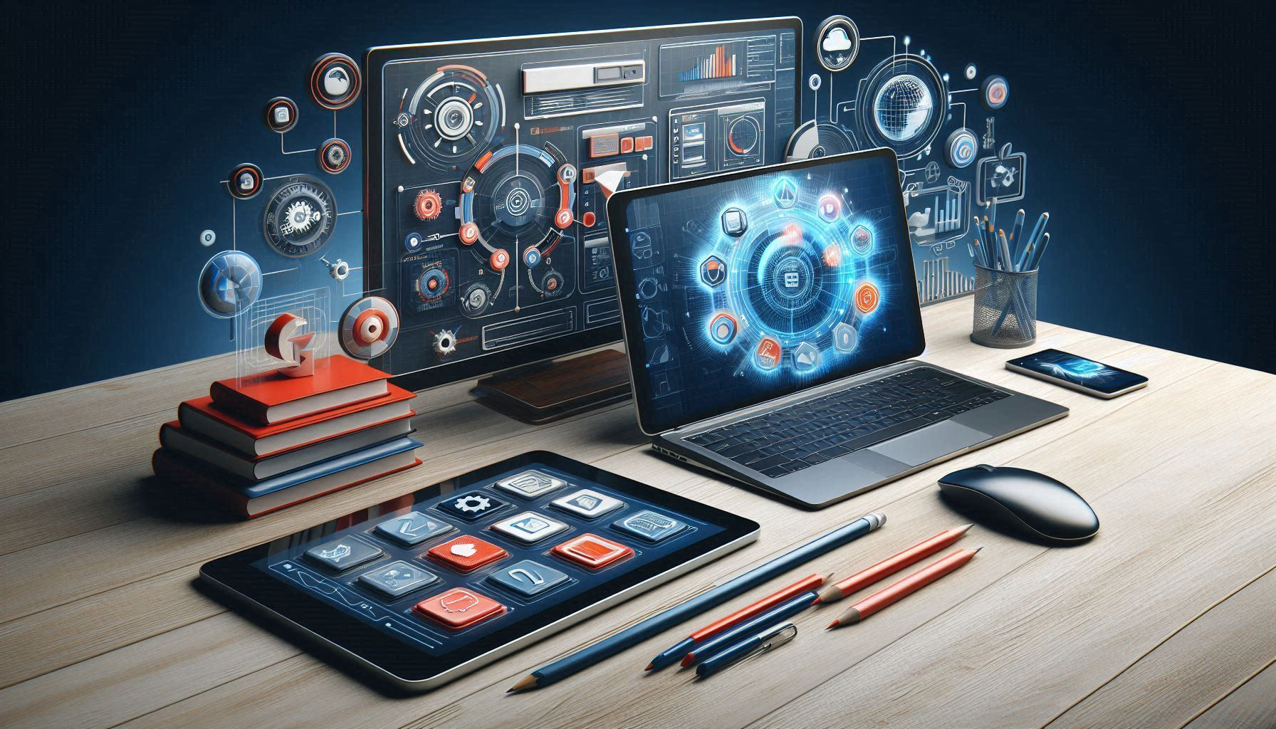 Illustration showing various modern instructional technology tools including a smart board, tablet, and educational software on a laptop.