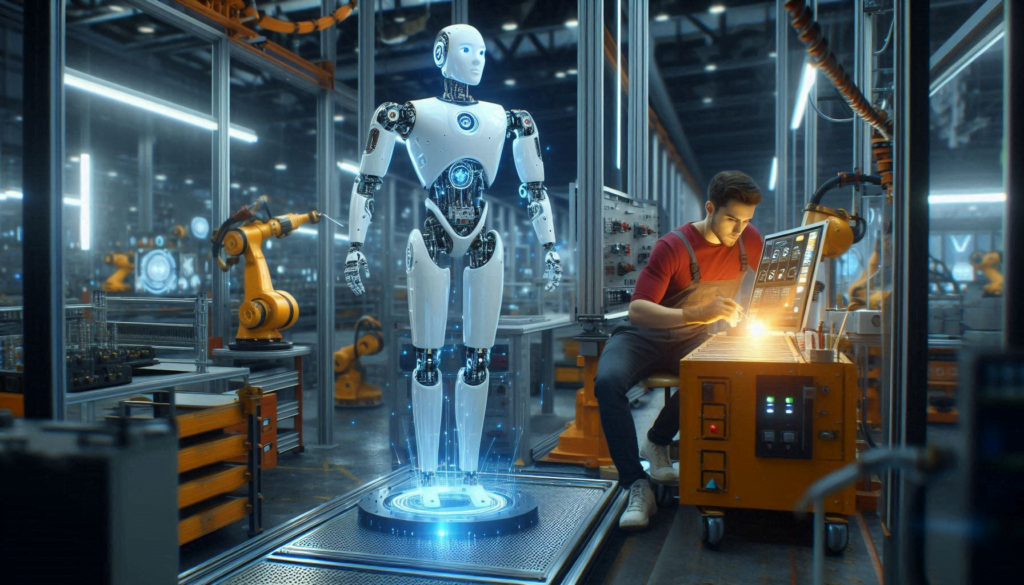 AI in Robotics interacting with a worker in an industrial setting, showcasing the integration of AI in robotics to enhance automation and productivity.