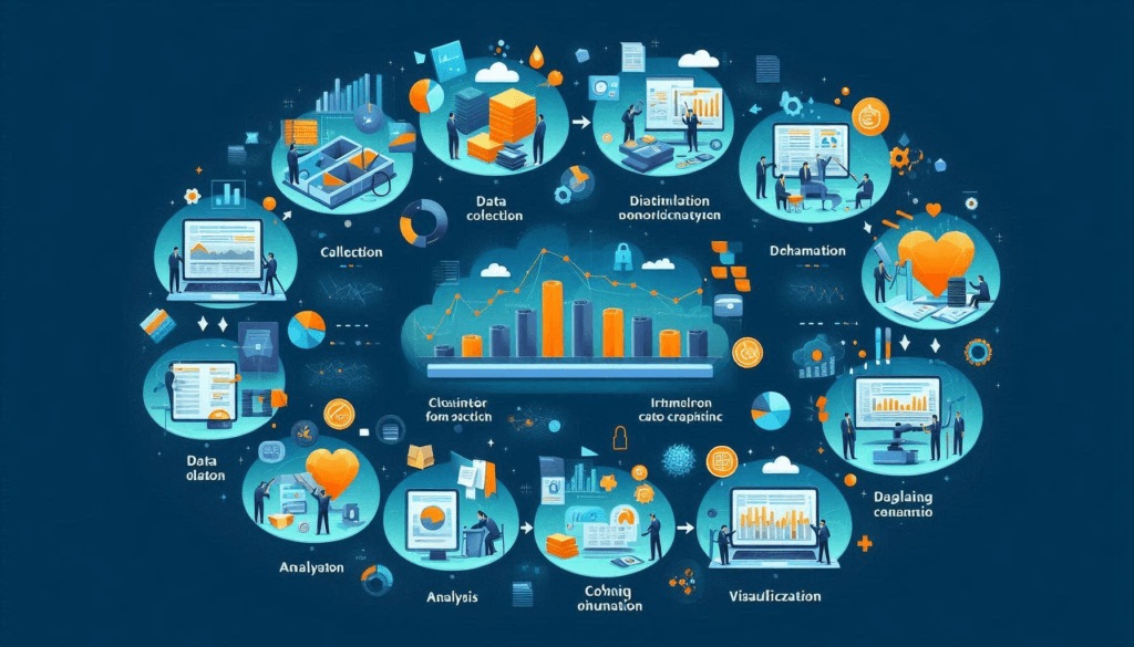 A detailed chart showing various stages of the data science and analytics process, highlighting data collection, cleaning, analysis, and visualization.