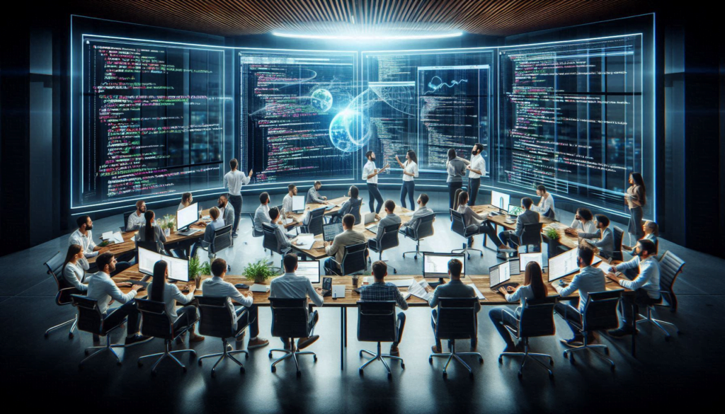 A team of diverse IT professionals collaborating on a DevOps project, analyzing code on a large screen and discussing strategies in a modern office environment.