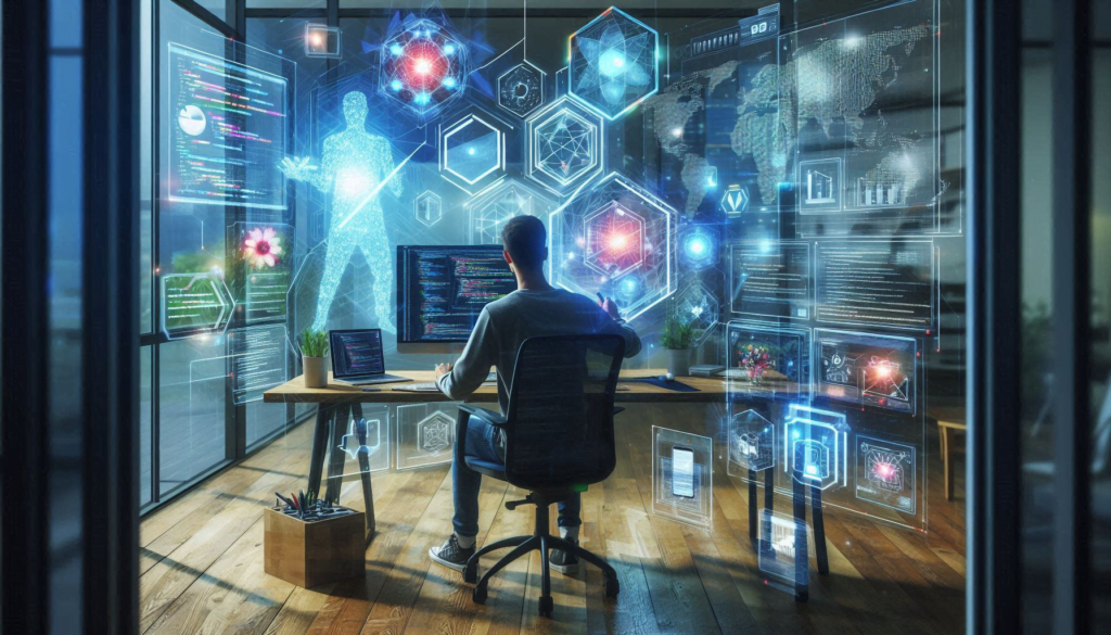 A developer working on a Mobile App Development , surrounded by coding elements and design tools.