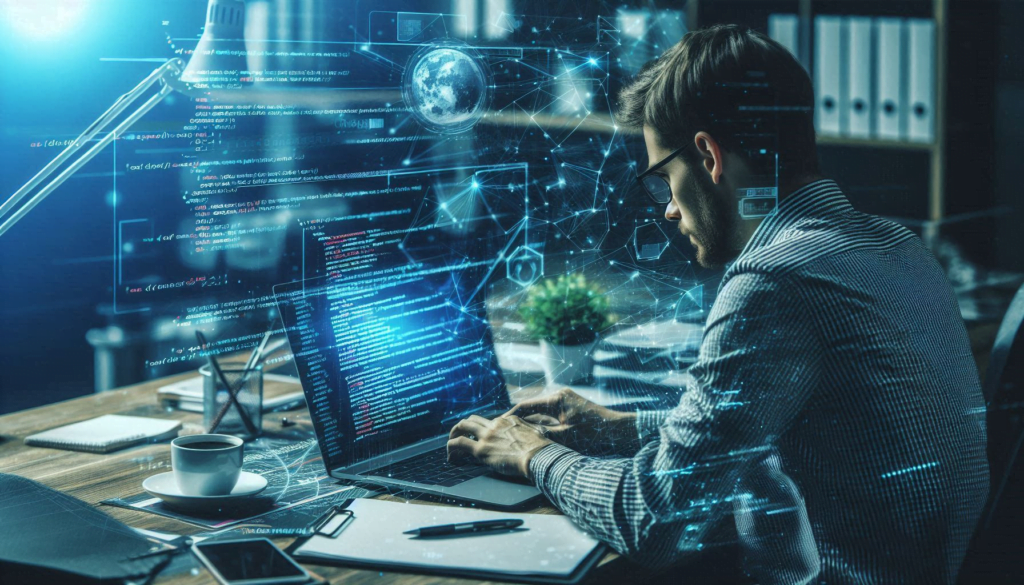 A Software Engineering working on a laptop with code displayed on the screen, surrounded by notes and a coffee cup.