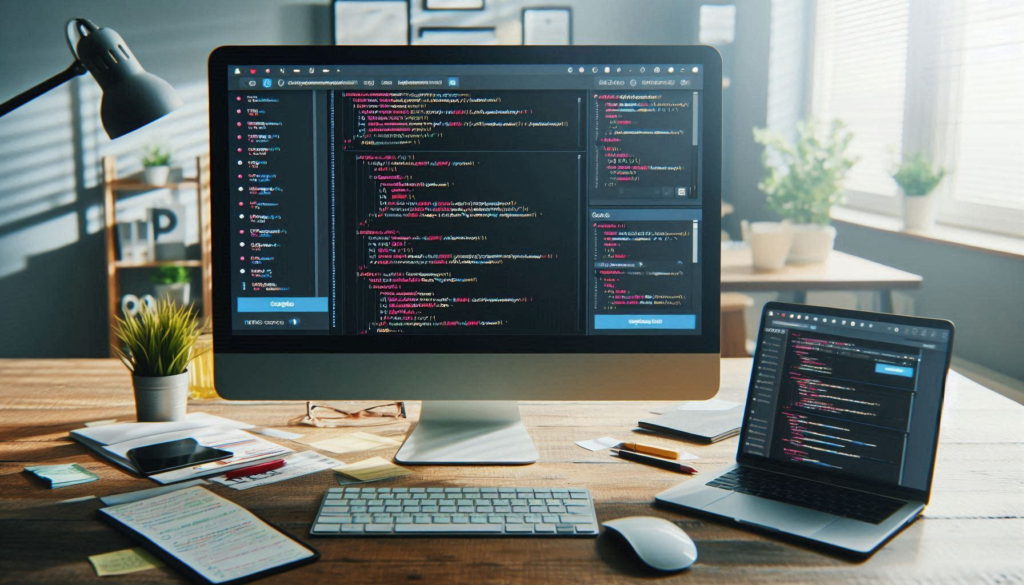 A screenshot of a web development project showing HTML code, CSS styling, and a live preview of a responsive website layout on a computer screen.